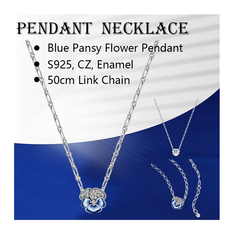 

Pansy Flower Pendant Necklaces For Women Fine Jewelry 925 Sterling Silver Pave Setting Zircon Stones Blue Enamel Link Chain 50cm