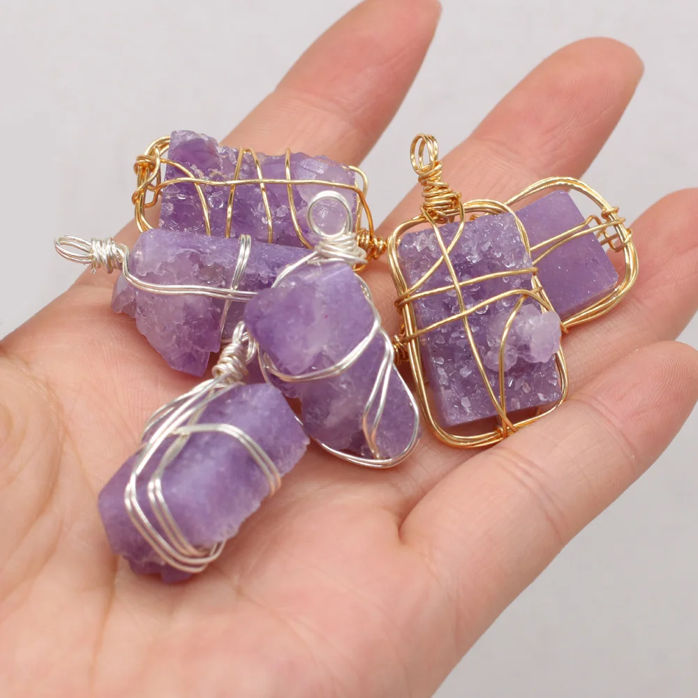

Natural Stone Amethyst Irregular Rectangular Winding Wire Pendant For Jewelry Making DIY Necklace Earring Accessories Charm Gift