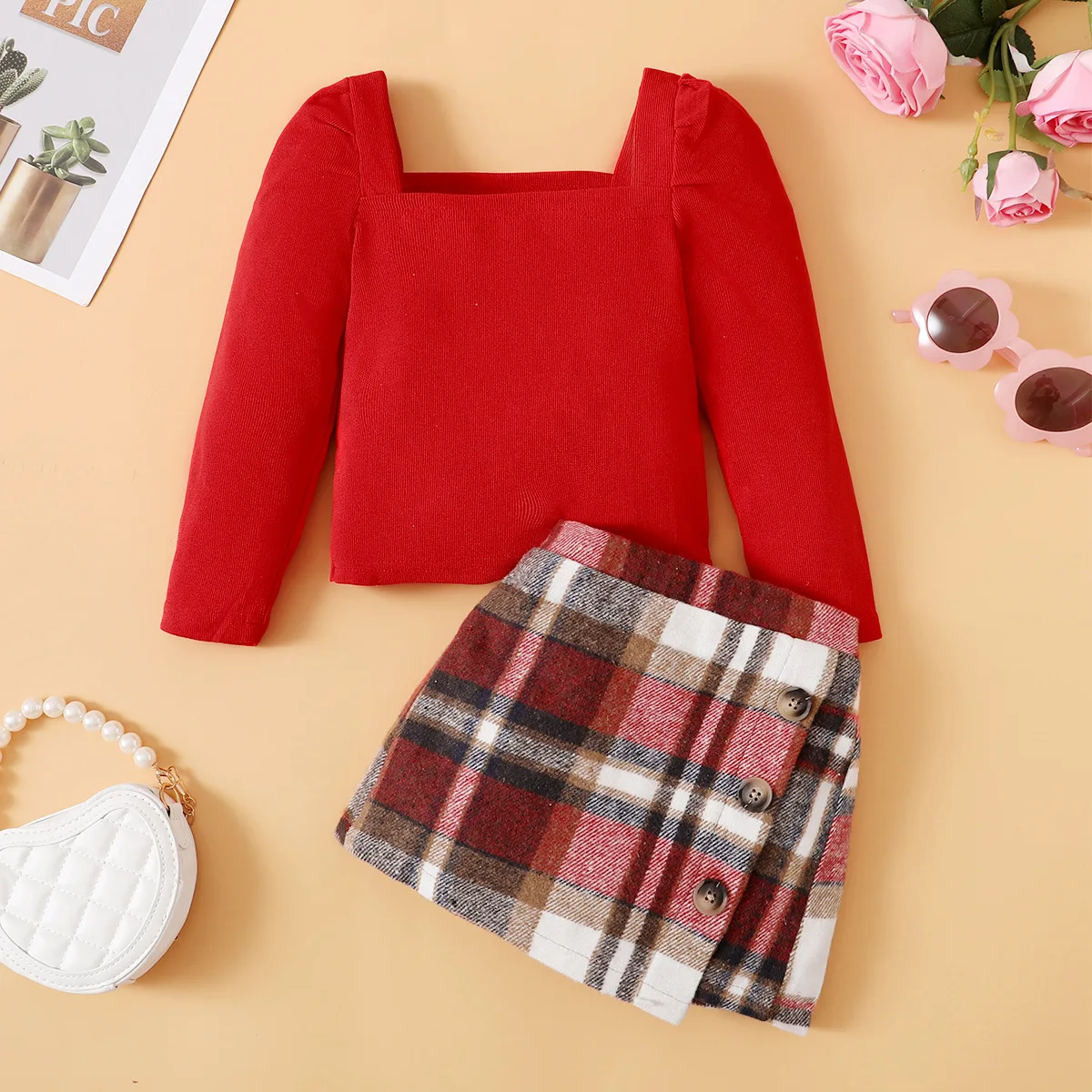 Autumn Baby Girls Full Sleeve Patchwork Palid Skirt + Square Collar Blouses 2 Pcs Suit Spring Toddler Girl Set Kids Clothes 2-7Y