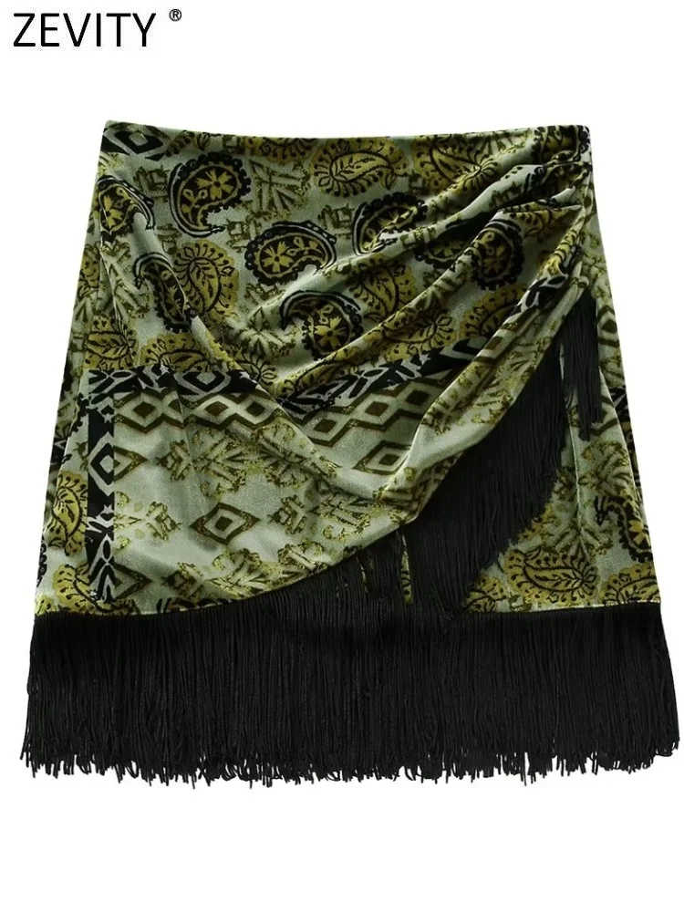 

Women Vintage Paisley Floral Print Hem Tassel Stitching Velvet Mini Skirt Female Chic Slim Vestidos