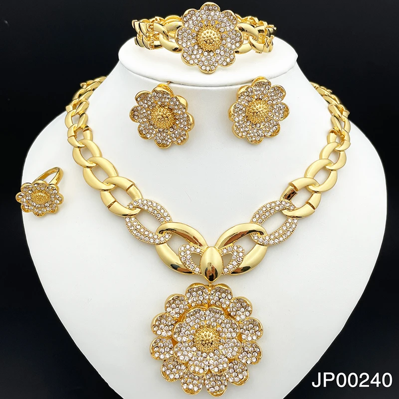 

Vintage 18K Gold Plated Jewelry Sets Plant Flower Pendant Women Quality Necklace Earrings Ring Bracelet Set Jewelry 2023 Trendy