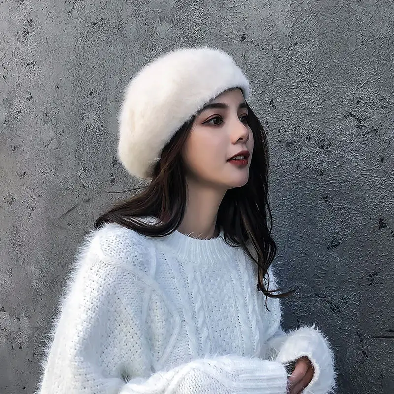 

Thickened Three-dimensional Beret Female Mink Velvet Hat Adjustable Rabbit Fur Painter Hats Solid Color Plush Fashion Bud Cap