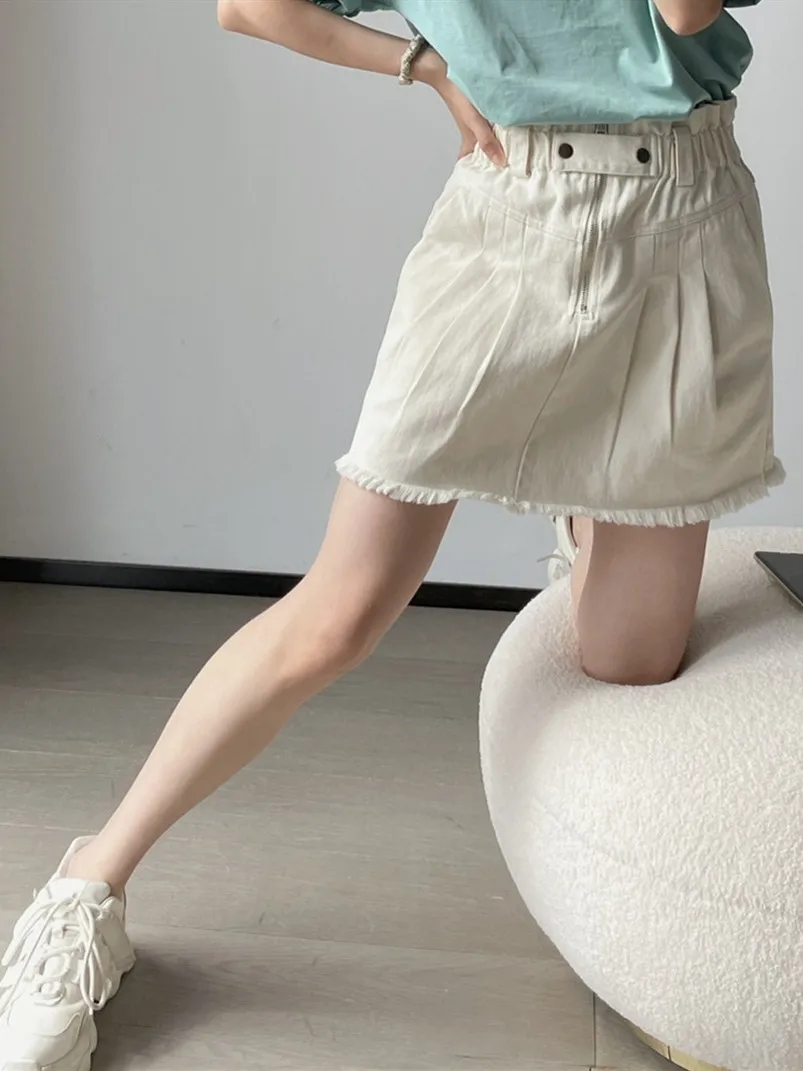 

2022 Summer New Women's Raw Edge Denim Skirt Elastic Waist Middle Zipper Double Pocket Ladies Cotton All-Match A-Line Jupe