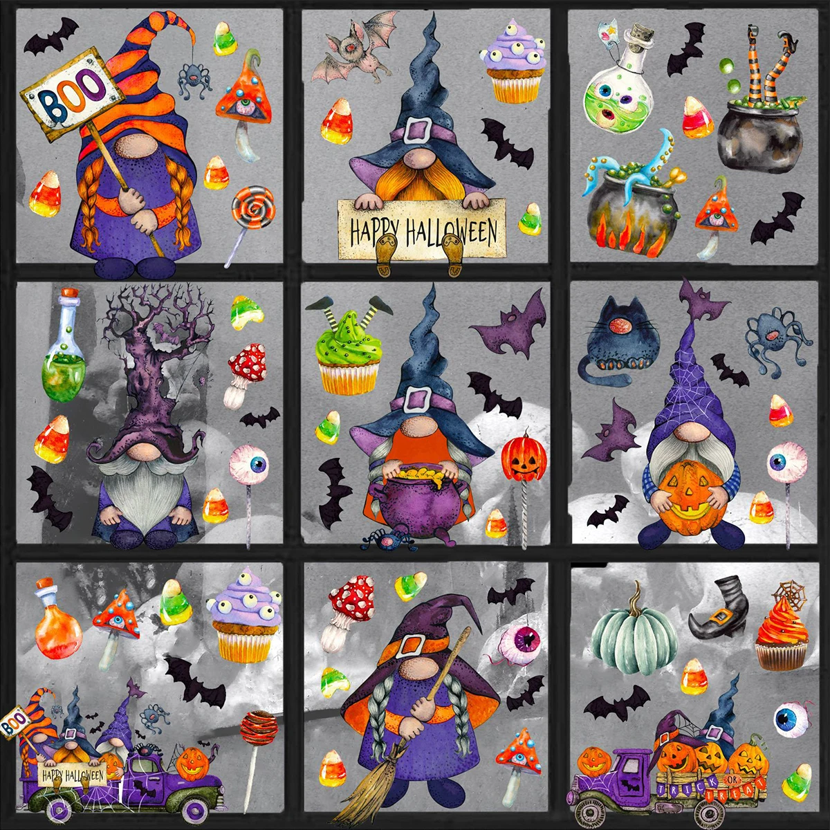 

9 Sheets Halloween Window Clings Glass Windows Pvc Halloween Decorations Double-Sided Removable Gnome Stickers Party Decals