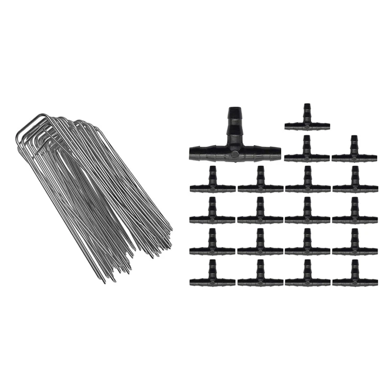 

100Pcs U Shape Gauge Galvanized Steel Garden Stakes Staple Securing Pegs & 150 Pcs 1/4Inch Universal Barb Tee Fittings