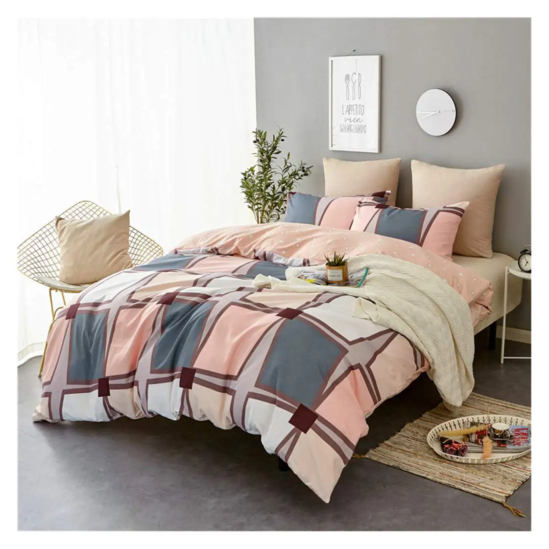 

MWSWL Duvet Cover Set Bedding Set Pink-and-White Geometric Modern Pattern Comforter Cover Collection Lightweight with Zipper