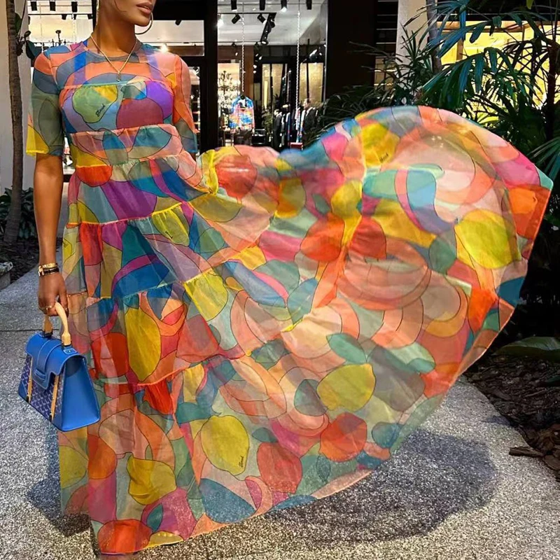 

Women Short Sleeve High Waist Loose Dresses 2023 Summer Vintage Stitching Pattern Printed Maxi Dresses Beach Holiday Sundress