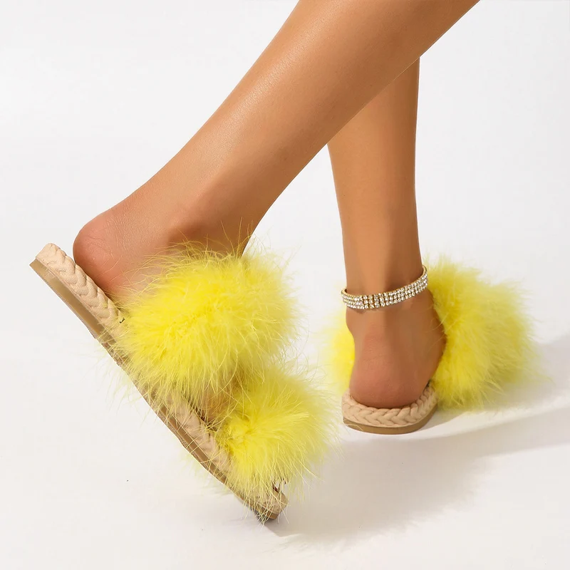 Summer Vacation Shoes Woman Tie Dye Pink Feather Slippers Ladies Fashion Bright Color Beach Pool Slide Sandals Plus Size 36-43