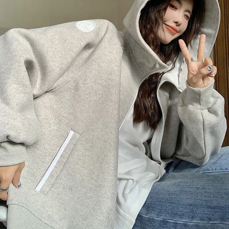 

QWEEK Hip Hop Harajuku Women Hoodie Aesthetic Sweatshirts Oversized Hooded Korean Streetwear Chic Bf Couple Coat Clothes Fashion