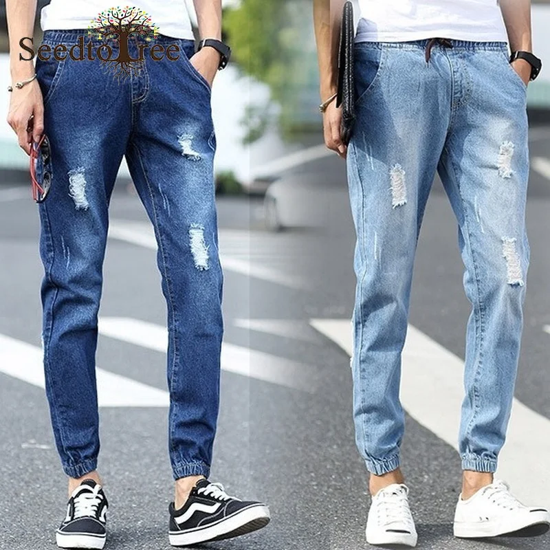 Solid Color Hole Casual Men's Jeans Ankle Length Pants Denim Trousers Pencil Pants