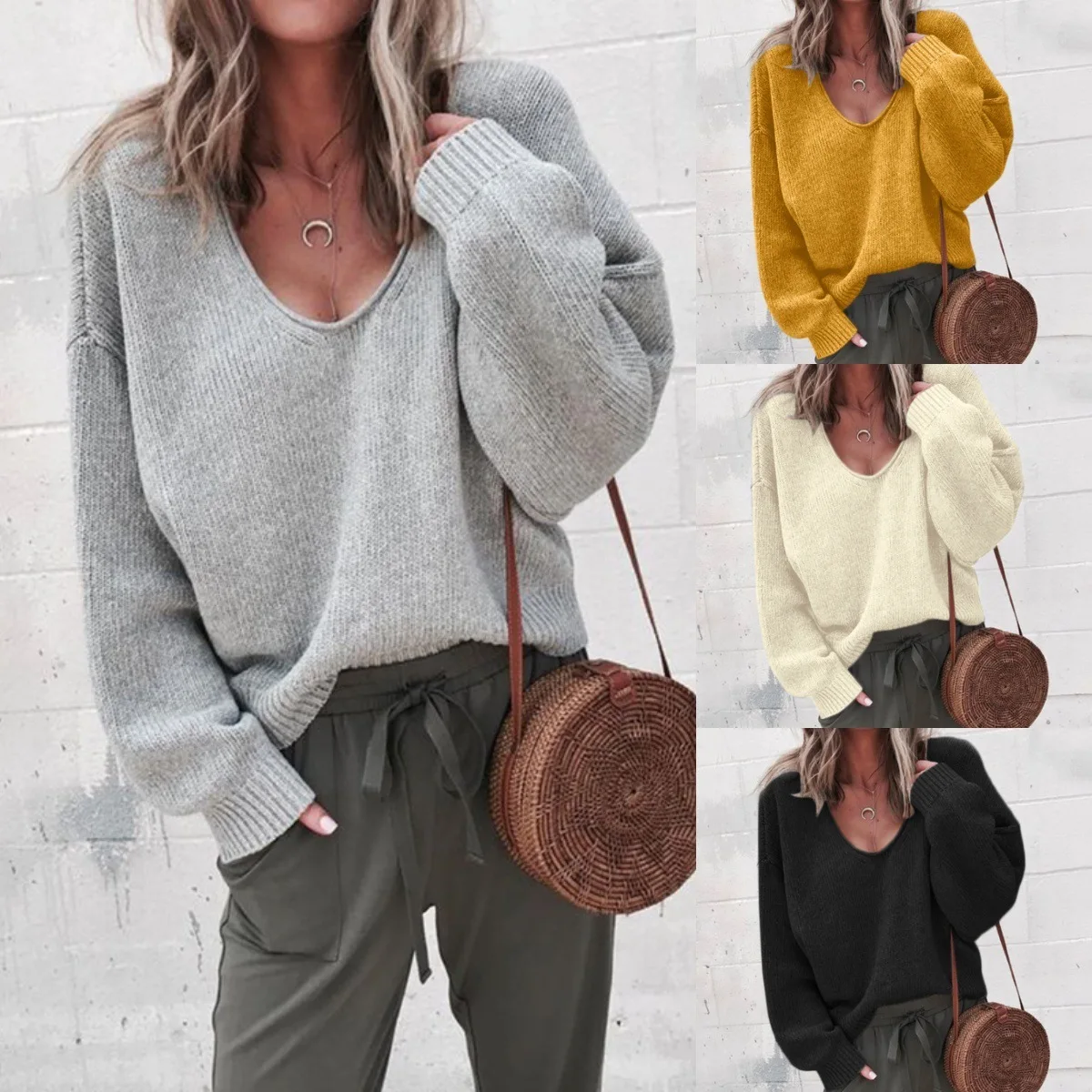 

2023 New Women's Sweater Top Casual V-neck Long Sleeve Sweater