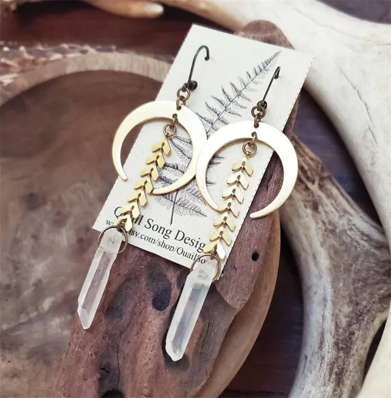 

Natural Transparent Quartz Crystal Earrings Crescent Earrings Celestial Jewelry Hippie Boho Style Ladies Fashion Gift