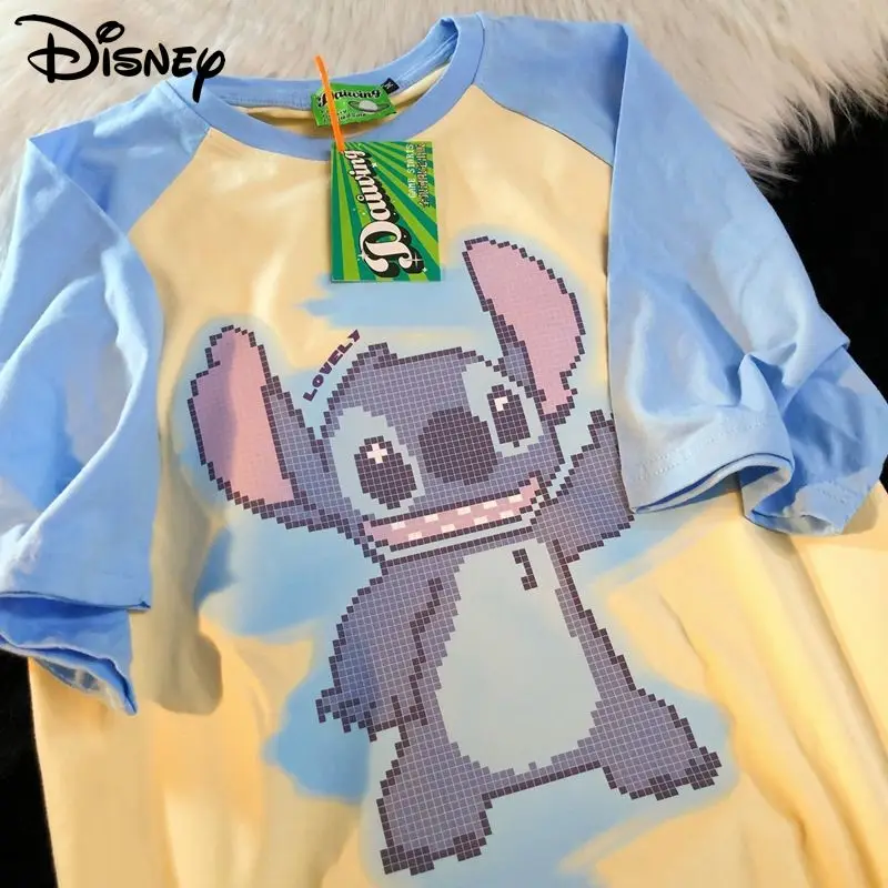 

Disney Stitch Kawaii Oversized T-shirt Women Summer Fashion O-neck Contrast Cotton Top Y2k American Vintage Short Sleeve Tee New