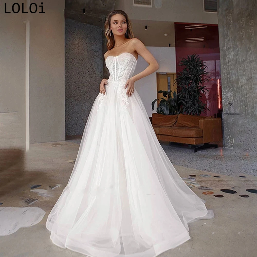 

Sweetheart A-Line Wedding Dress Women Elegant Lace Appliqués Tulle Beach Bridal Dress Vestido De Novia Custom