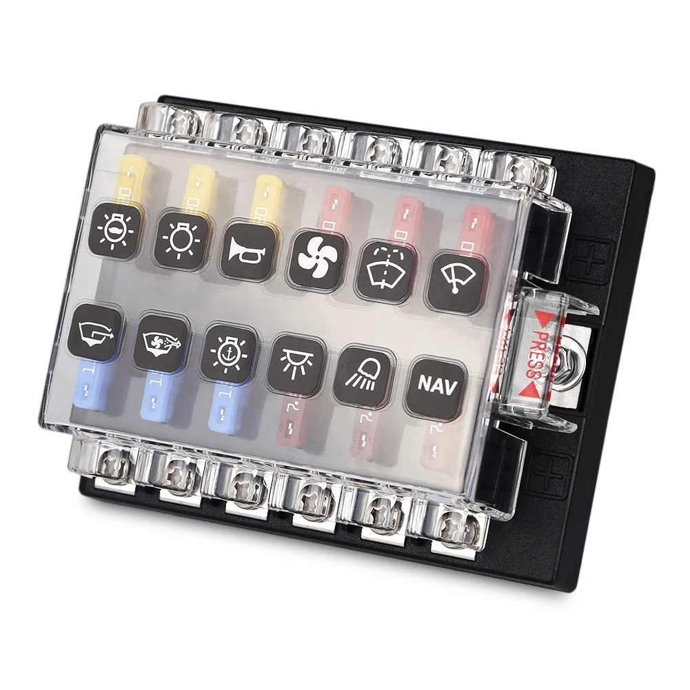 

Auto 12 Ways Fuse Box Holder Plastic Cover Blade Fuse Holder Block & Warning Indicator Car 12V Power Distribution Panel Board