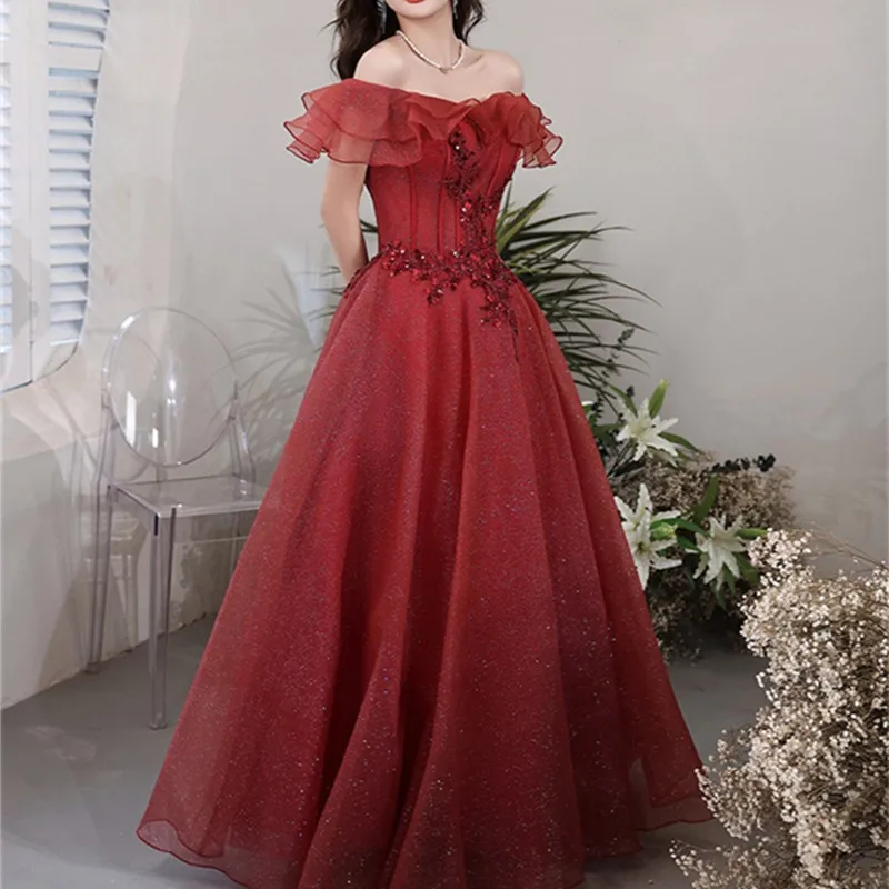 

Wine Red Evening Dress New Off The Shoulder Floor-length Vestidos Sequin Floral Bling Shining Elegant Simple Sukienka Wieczorowa