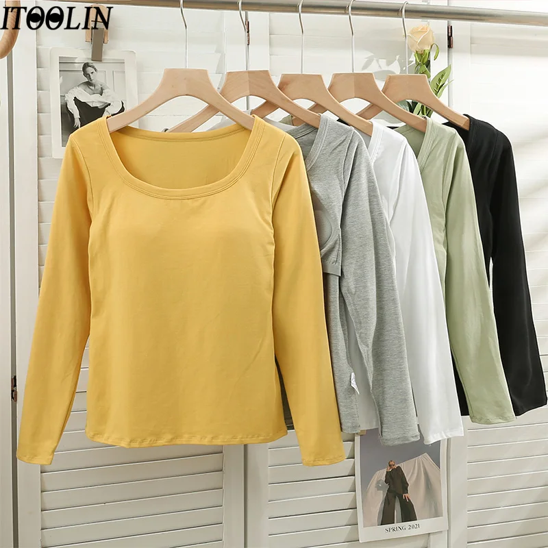 

ITOOLIN Casual Women O-Neck T-shirt Built In Bra Crop Tops Summer Long Sleeved T-shirt For Women Cotton Slim Tops 2023