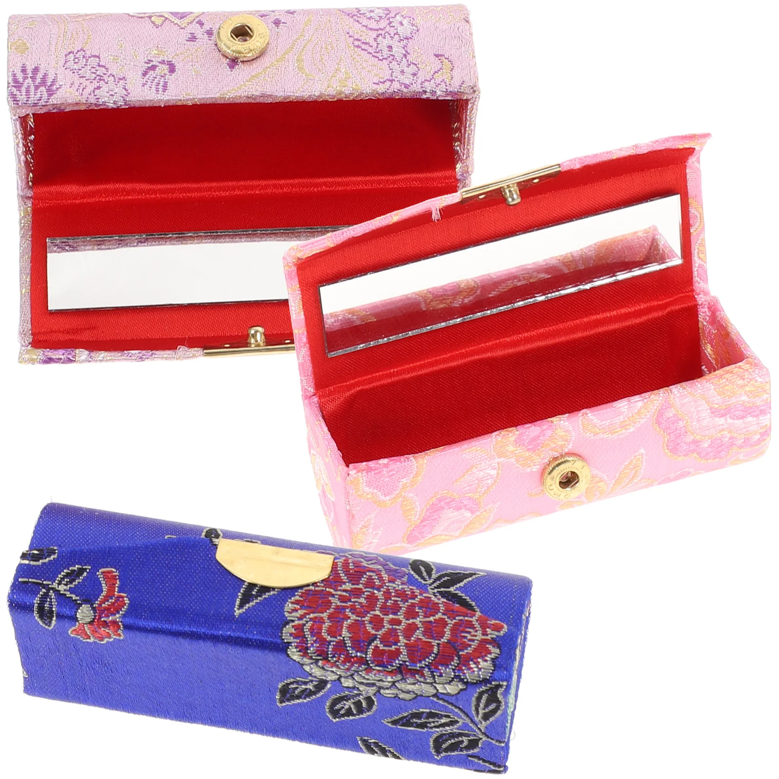 

Lipstick Case Holder Box Purse Mirror Lip Storage Makeup Organizer Flower Chinese Ladies Gloss Satin Floral Gift Balm Vintage