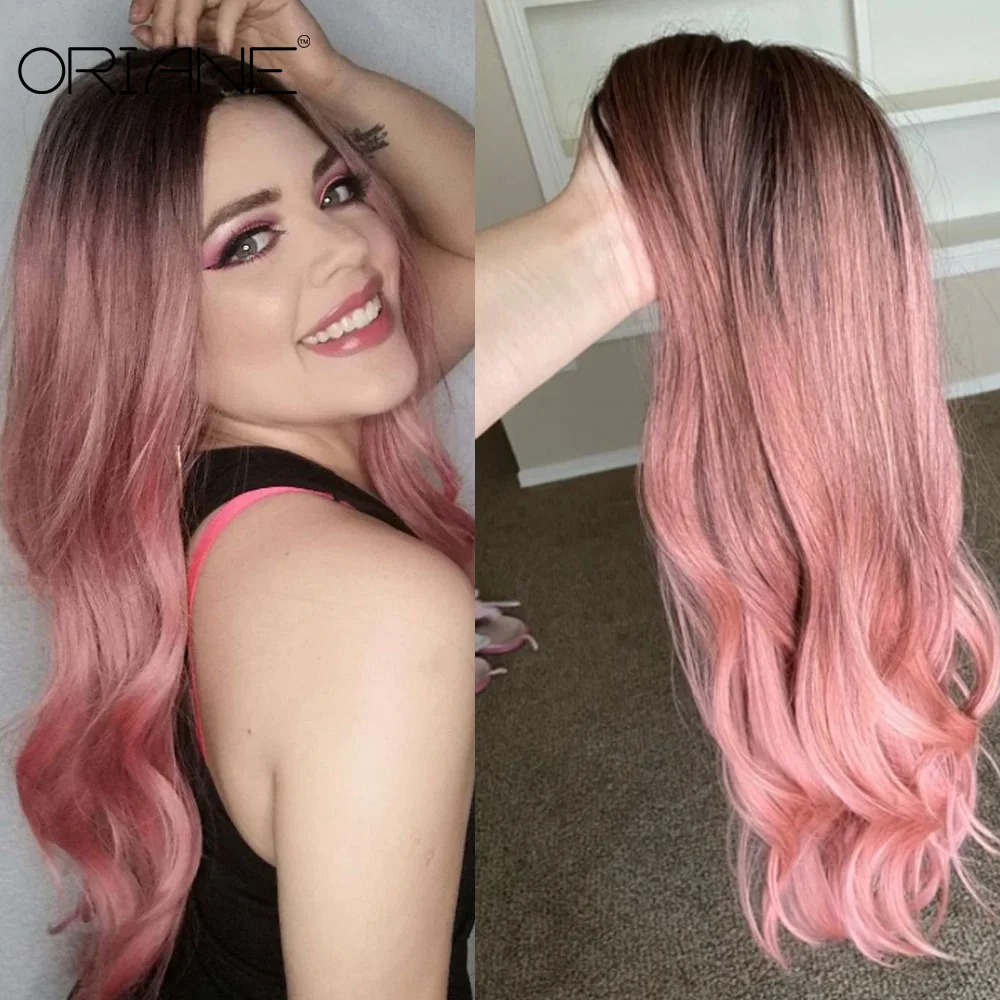 

Женские длинные волнистые синтетические парики ORIANE, натуральные средние парики с челкой, розовые, черные, два цвета, косплей-парики в стиле "...