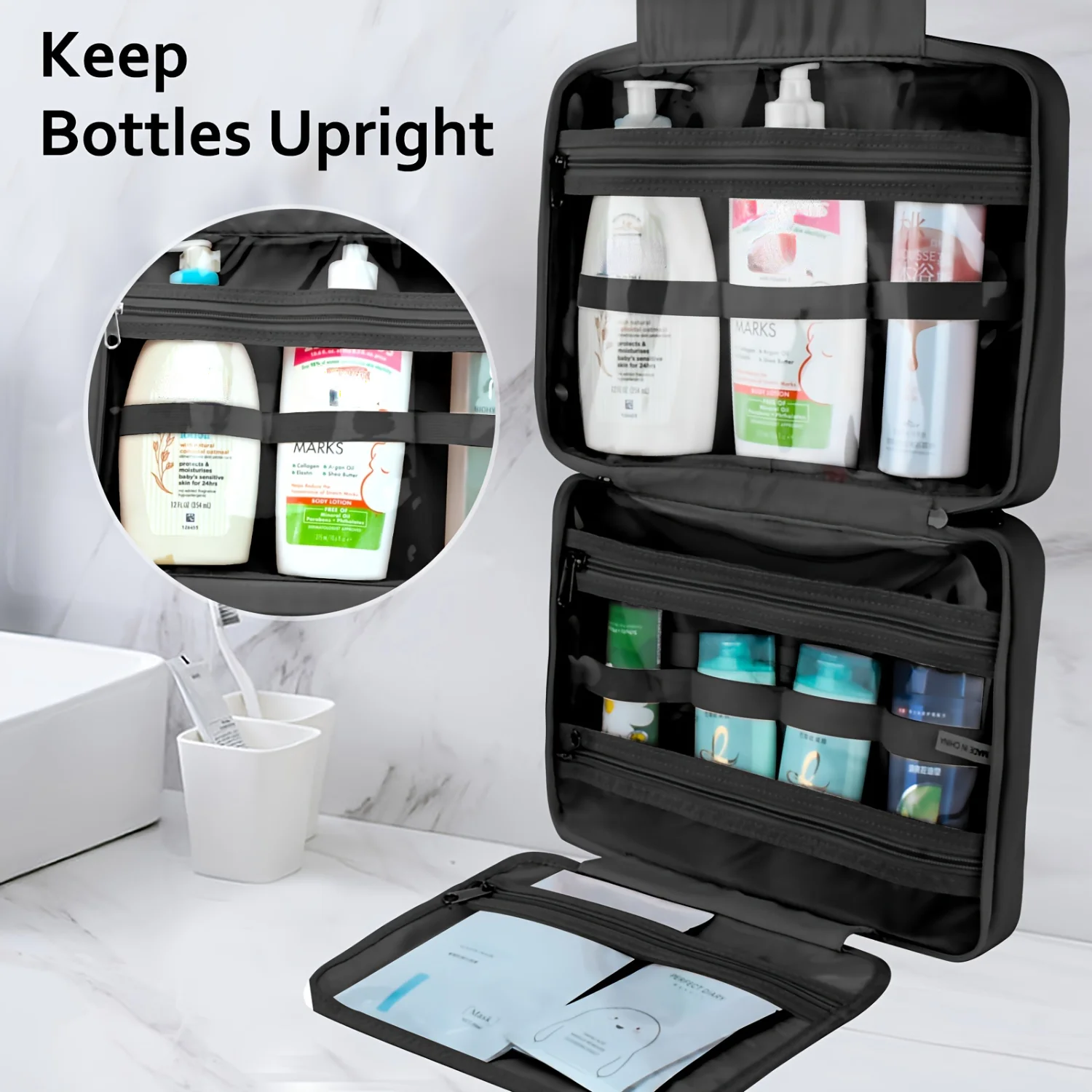 HZB-501 Handheld Makeup Bag - Sleek Black Design Travel Size Water-Resistant On-The-Go Beauty Essentials