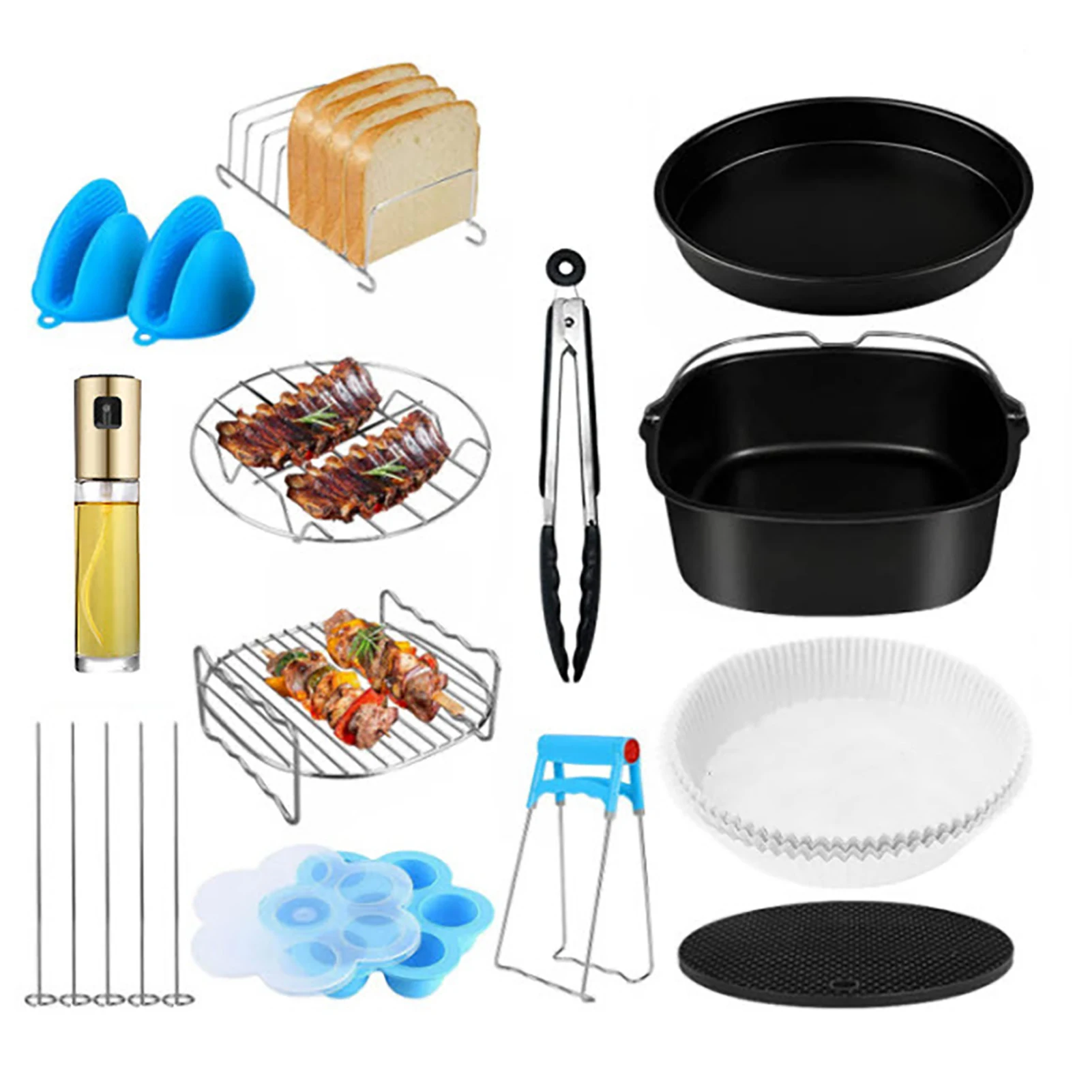 

12pcs 8 Inch 3.2-5.8QT AirFryer Accessories Baking Basket Pizza Plate Grill Pot Party Cooking Tool With Oil Sprayer Bottle