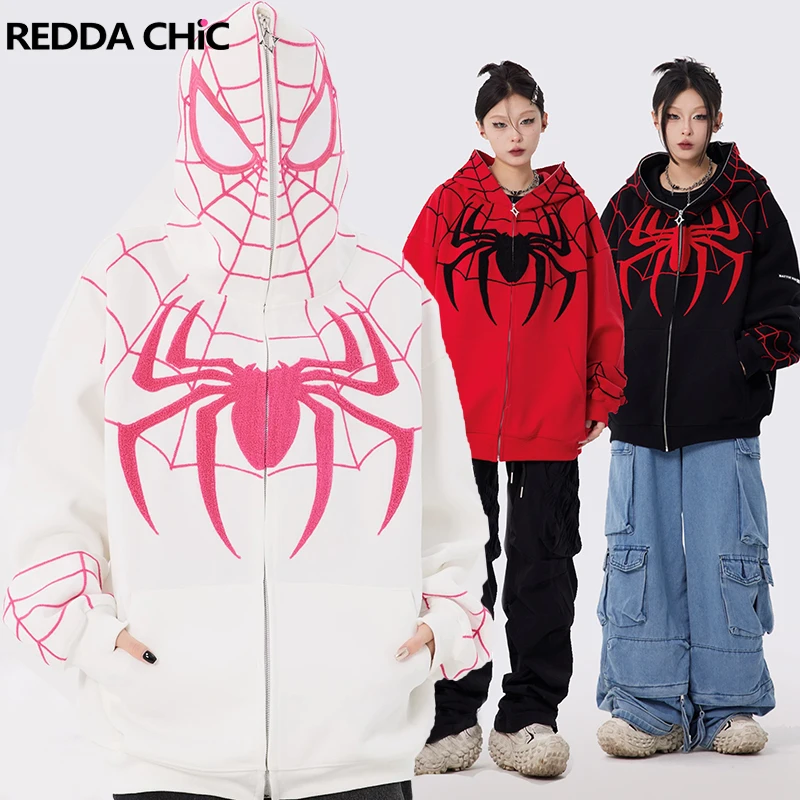

Толстовка REDDACHiC Y2k с изображением друзей и пауков, пуловер с капюшоном и аниме стежками на молнии, свитшот, Топ оверсайз с длинными рукавами, женская уличная одежда