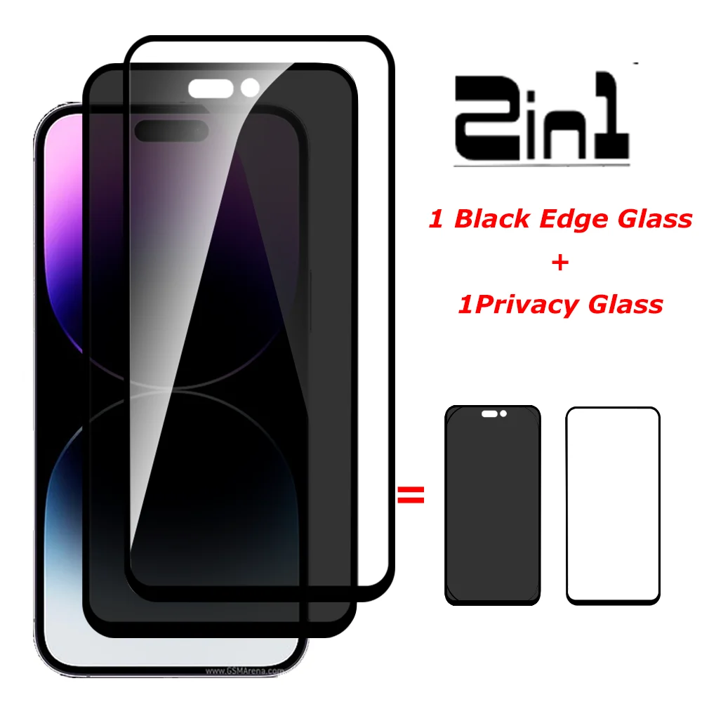 

2 в 1 1 закаленное стекло с черными краями + 1 стекло Pivacy для Iphone 14 Pro Max, Защита экрана для iPhone14 Plus, полноэкранная пленка для мобильного телефона