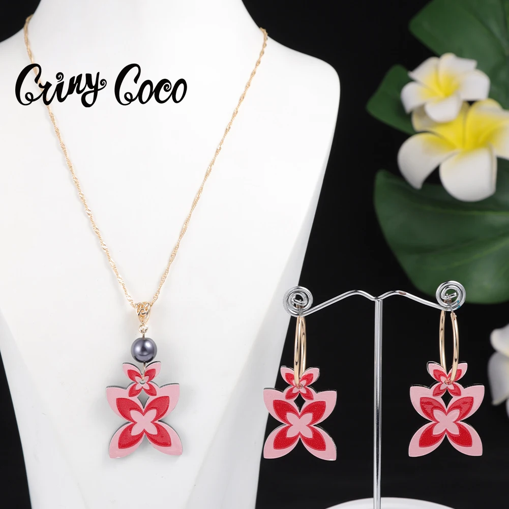 

Cring Coco Hawaiian Jewelry Sets Women's Necklace Samoa Hoop Earrings Pink Flower Acrylic Necklaces Set for Women Party 2022