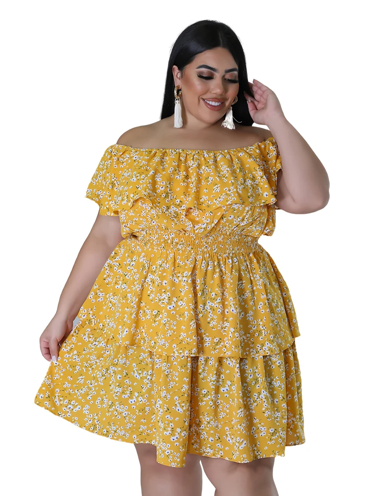 Plus Size Dress for Women  Print Off Shoulder Casual Elegant Midi Spring Summer Casual Short Sleeve Chiffon A Line Dress