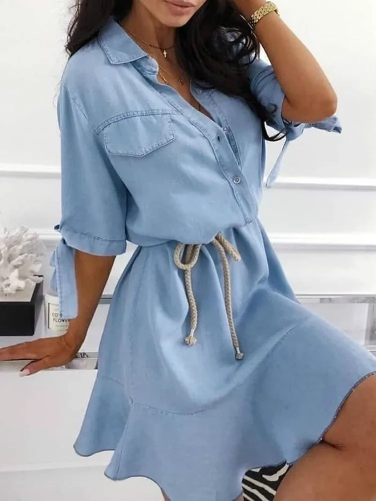 

Drawstring Buttoned Pockets Casual Shirt Dress Women