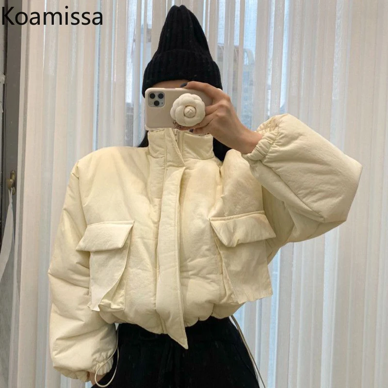 Koamissa Korean Fashion Stand Collar Parkas Women Thick Warm Winter Short Puffer Outwear Female Pockets Zipper Down Jacket Coat