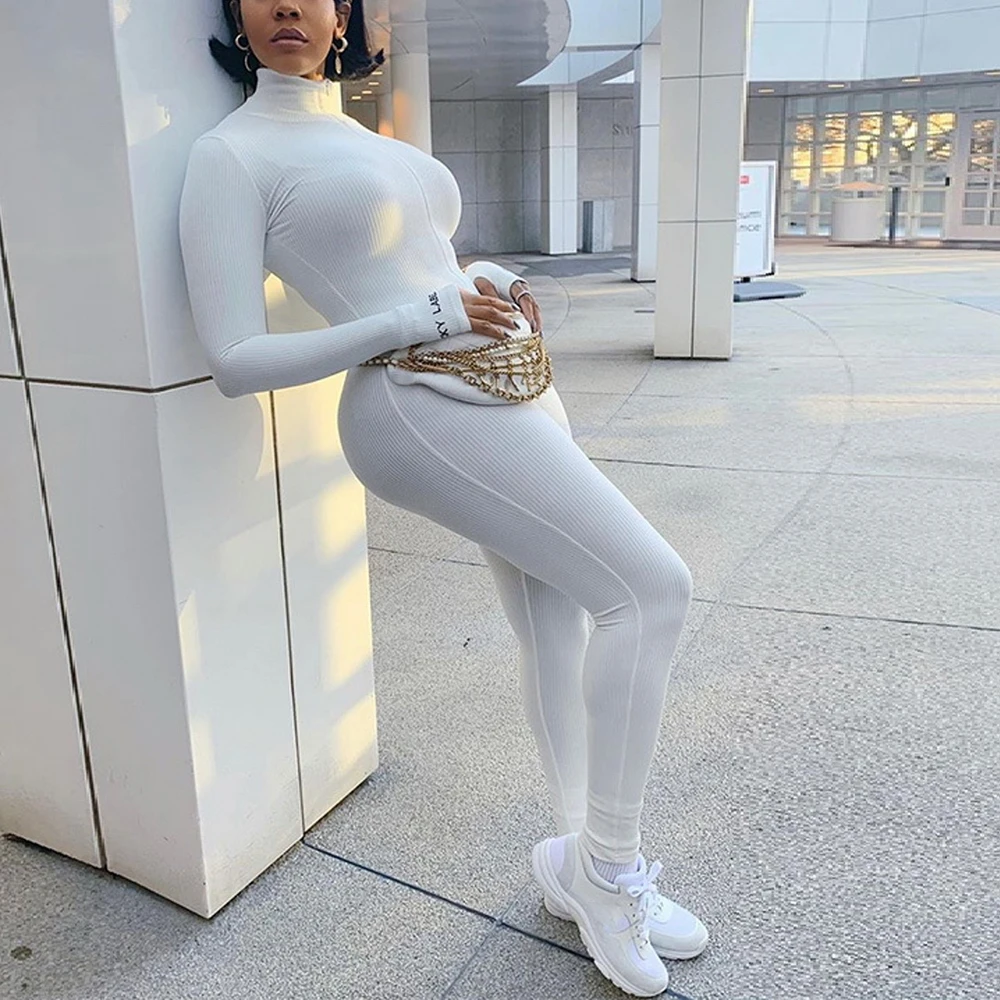 Womens Jumpsuit Solid Long Sleeve Set Fitness Playsuit Sportswear Zipper Body Embroidery Lucky Label Rompers 2021 Fall Bodysuit