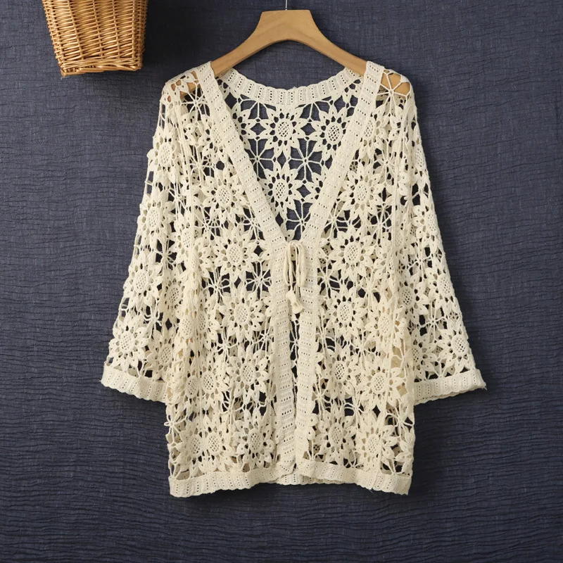 Plus Size Blouse 2023 Summer New Plump Girls Crocheted Hollow Knitted Cardigan Short Air Conditioning Shirt