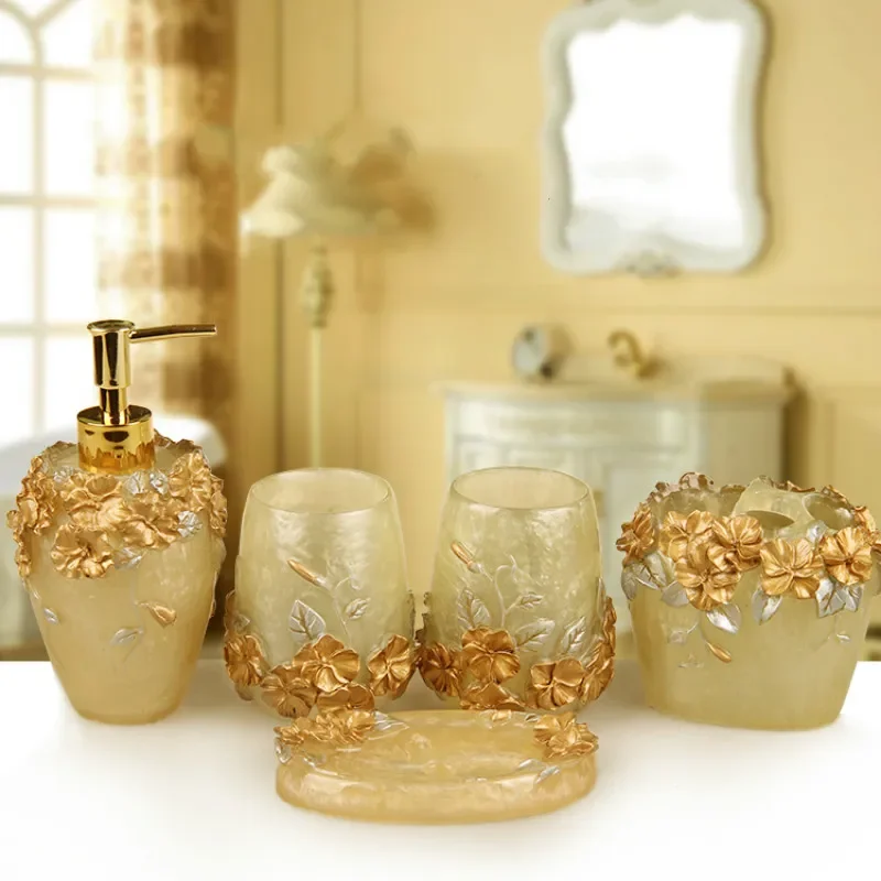 

European Style Emboss Resin Bathroom Kit Toothbrush Cup Five-piece Suit Household Bathroom Supplies Wedding Gifts