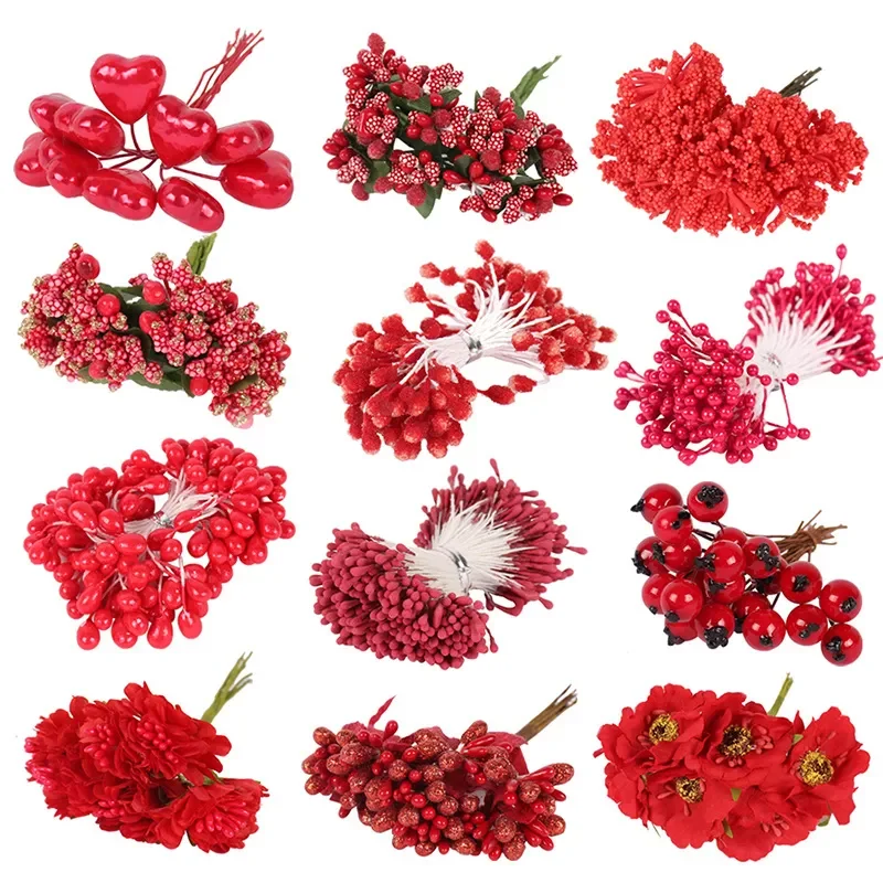 

Packet Artificial Plastic Flower Stamen For Warm Home Decoration Red Series Flower Stamen Wedding Party DIY Adorment New Year