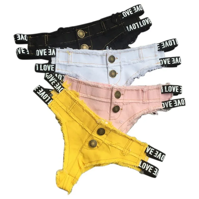 

Beach Style Women Low Waist Bandage Thong Denim Ultra Shorts Jeans Letter Love Pink Black Yellow White