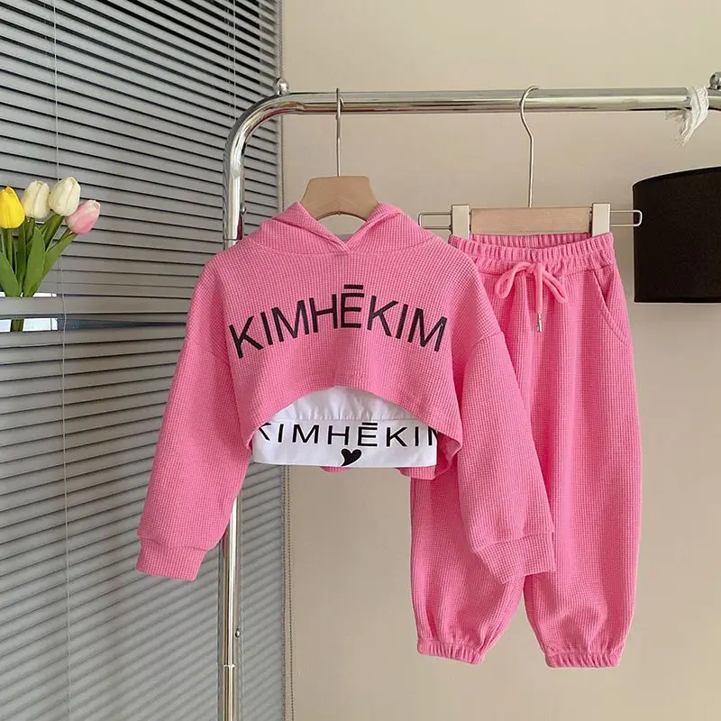 

Korean version children's fashion set for girls Spring and Autumn new children's fashion Waffle three piece set