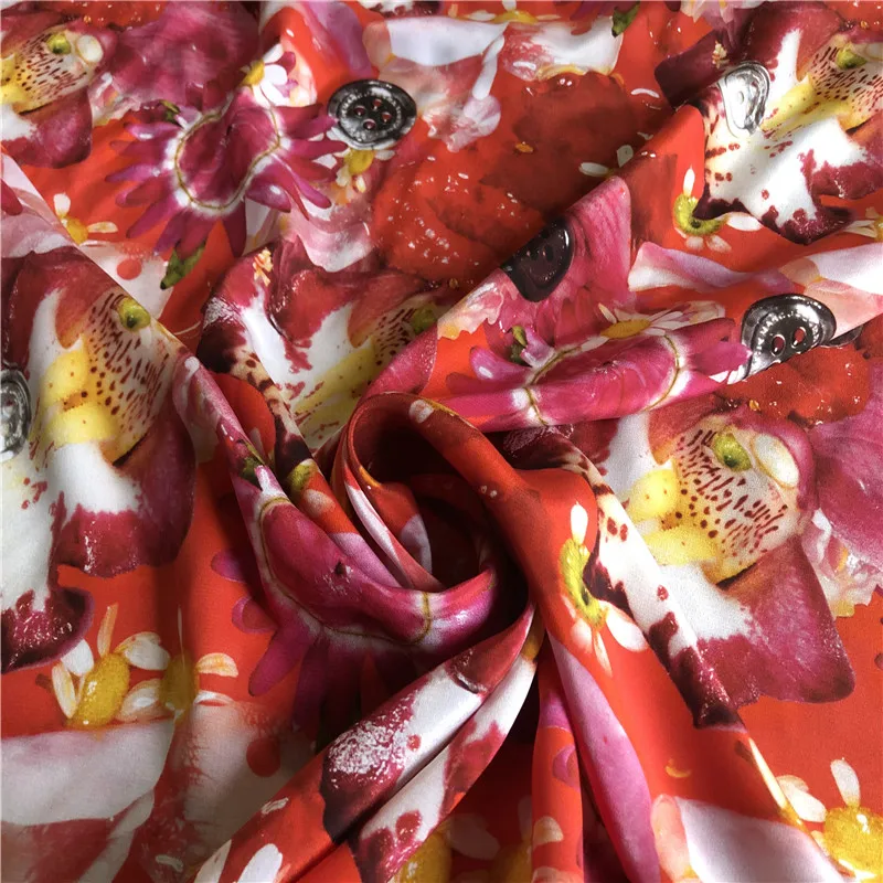 

1 meter 100% Mulberry Silk 17 momme Crepe Silk Fabric Red Colorful Printed 136cm 53.5" wide by the yard JJ391