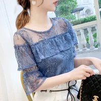 elegant women ruffles spliced lace chiffon blouses fashion 2022 summer new embroidery round neck all match korean female shirt