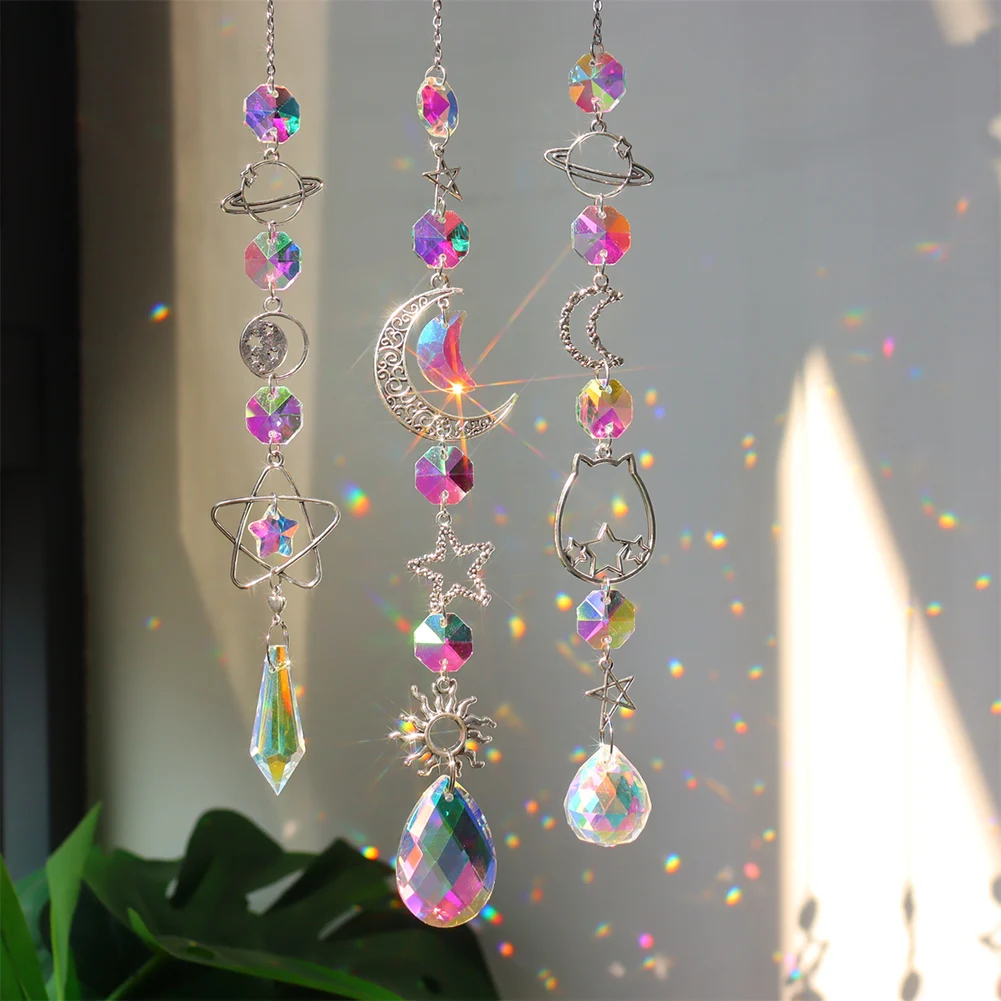 

Crystal Wind Chime Moon Sun Catcher Diamond Prisms Pendant Dream Catcher Rainbow Chaser Hanging Home Garden Decor Windchime