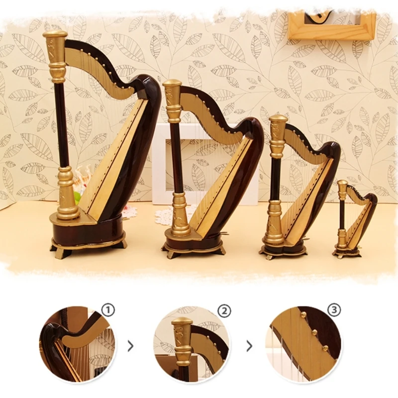 

Миниатюрная фигурка Y1UC Harp, модель музыкального инструмента, миниатюрная декоративная Ретро Статуя, деревянные винтажные украшения для дома и мебели