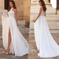 elegant a line halter wedding dress boho sleeveless side split lace appliques bridal gown off shoulder train vestido de noiva