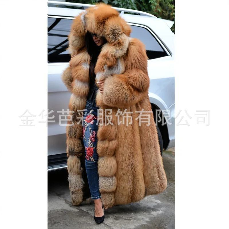 Women's long hooded fur coat