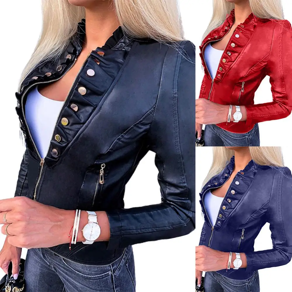 

Fashion Women Jacket 2022 Autumn Spring Neckline Designed with Ruffle Faux Leather Zip Pockets Ruffled Motorcycle Jacket