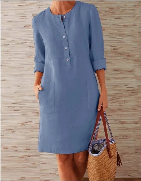 

Dress Oversize Loose Casual Spring White Female Sleeve Long Pocket Women's Dresses Linen Fashion Cotton Pregnant Clothes Ladies