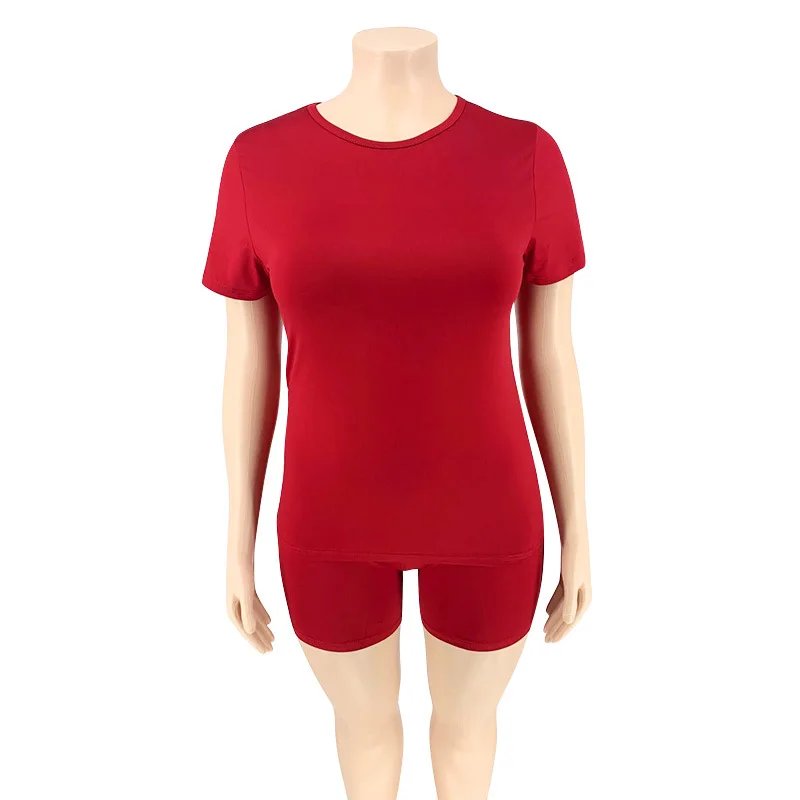 Womens Two Peice Sets Plus Size O-Neck Solid Knee-length Plus Size Matching Sets Short Slim Fit Casual Elastic Waist High Waist