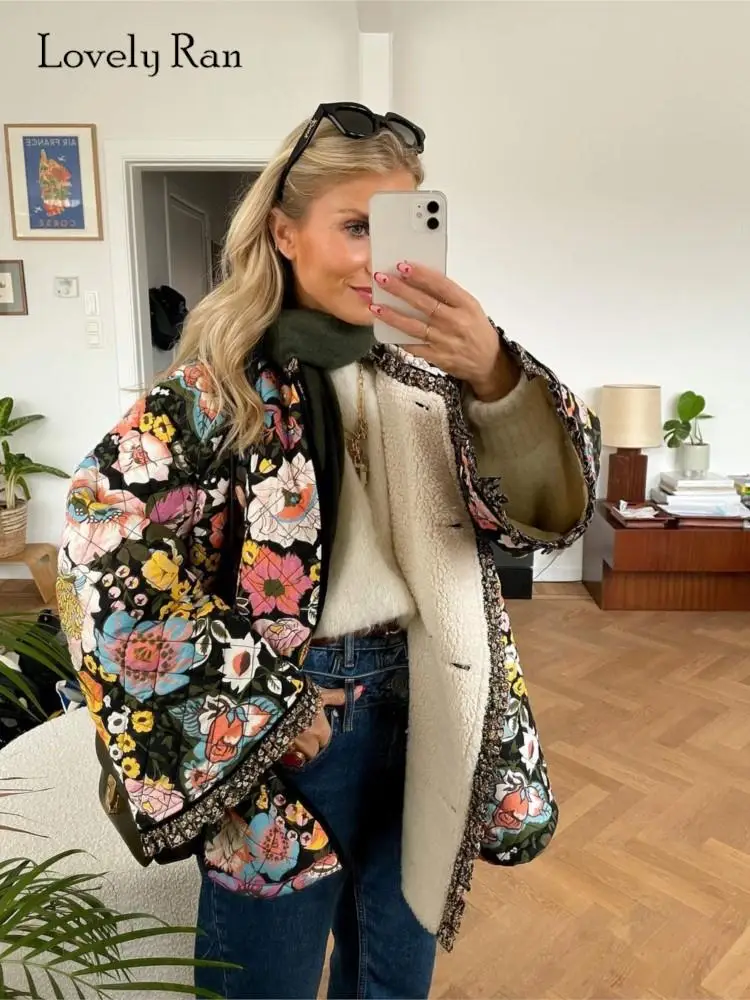 

Autumn Winter Fashion Flower Printed Spliced Coat Women Long Sleeve Thick Warm Cotton Jacket 2023 Elegant Female Streetwear
