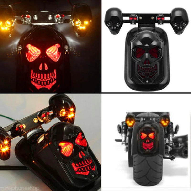 

Chrome Skeleton Style Modified Motorcycle LED Skull Taillight With Turn Signal Motorbike Tail Lights Plus Steering Styling