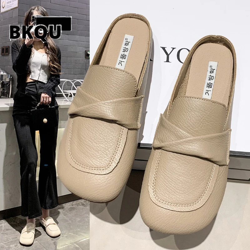 

BKQU Spring And Autumn Square Head Half Slippers Flat Toe Shoes Fashion All-match Lazy Slip-on Slippers Women kawaii shoes