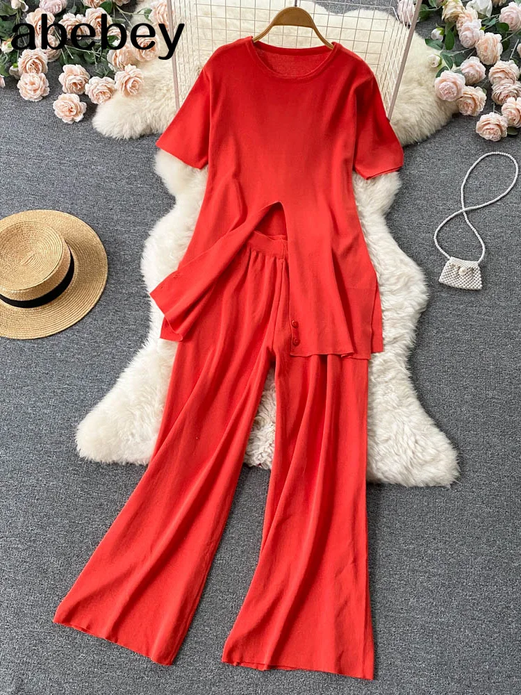 

Irregular Knitted Solid Split Set Women O Neck Tops+ Elastic Waist Wide Leg Pants French Style Casual Two Piece Set Outfits